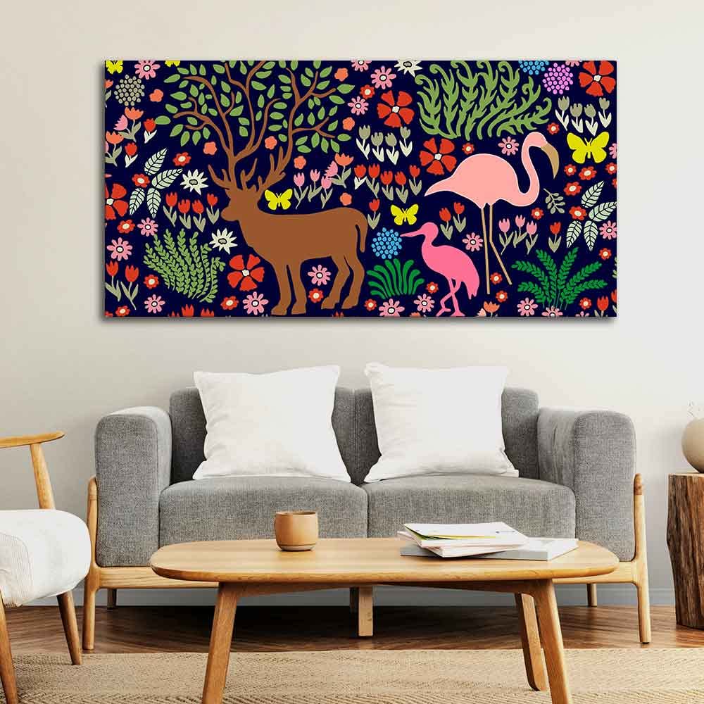 VIBECRAFTS Canvas Paintings for Living Room Drawing Room Canvas Folk Art Painting of Animals in Dark Forest for Home|Office|Gift(PTVCH_2400)(48 x 24 Inches)