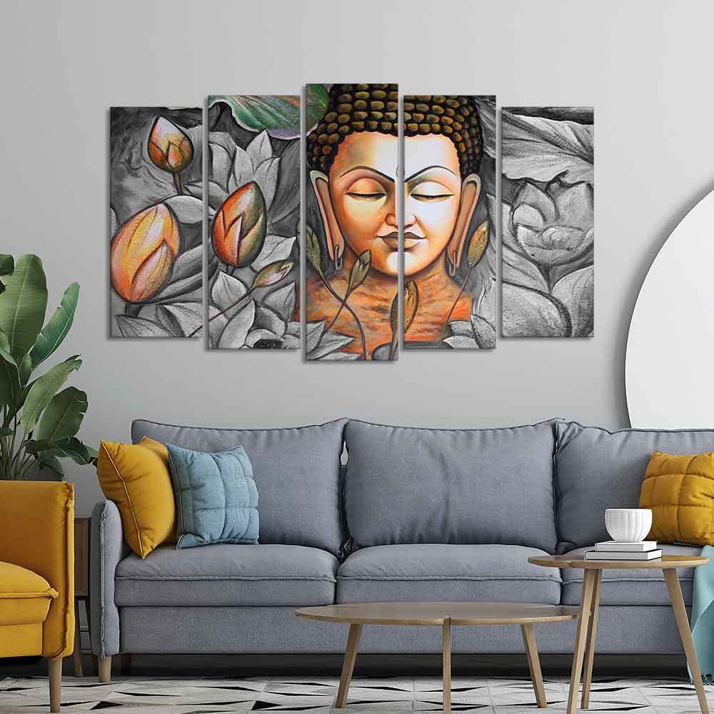 VIBECRAFTS Buddha Meditating Canvas Wall Painting Set of Five Pieces For Home|Office|Living Room|Gift (PTVC5Pcs2_6589)