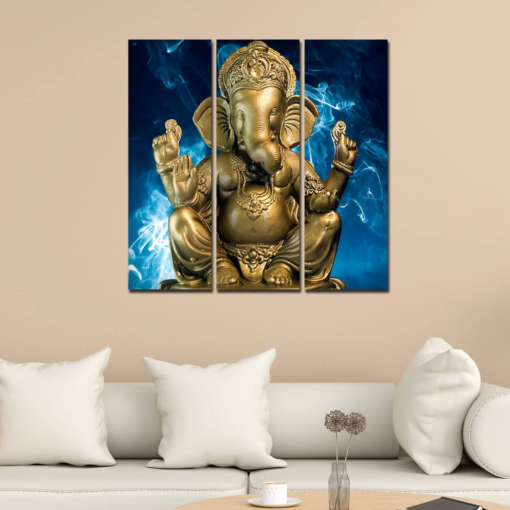 VIBECRAFTS 3 Pieces Sculpture Golden Shree Ganesha Canvas Wall Painting Fitted With Wooden Frame For Home | Office | Living Room | Gifts (PTVC3Pcs1_9567)