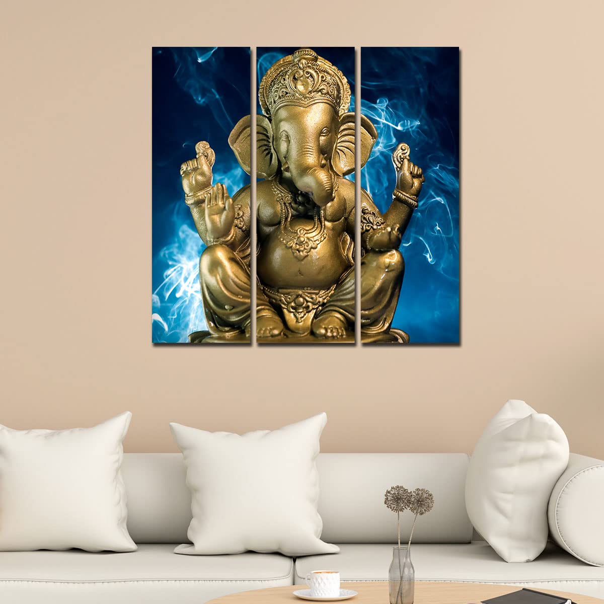 VIBECRAFTS 3 Pieces Sculpture Golden Shree Ganesha Canvas Wall Painting Fitted With Wooden Frame For Home | Office | Living Room | Gifts (PTVC3Pcs1_9567)