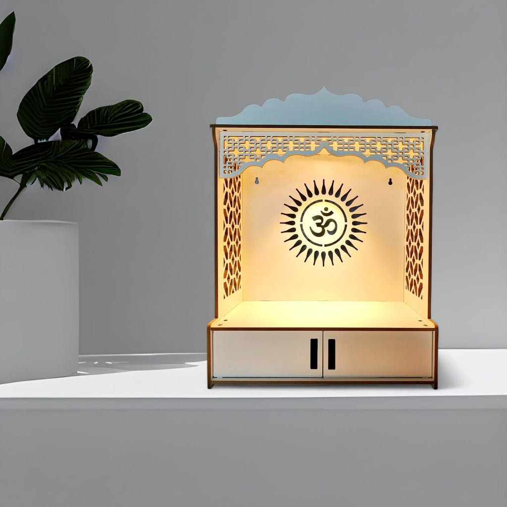 Devson Beautiful Wooden Temple | MDF Pooja MANDIR for Home and Office use with LED SPOT Light | Engineered Wood Pooja Stand with Storage Shelves | Size - H 21 x L 16 x W 9 inch | 15DDW