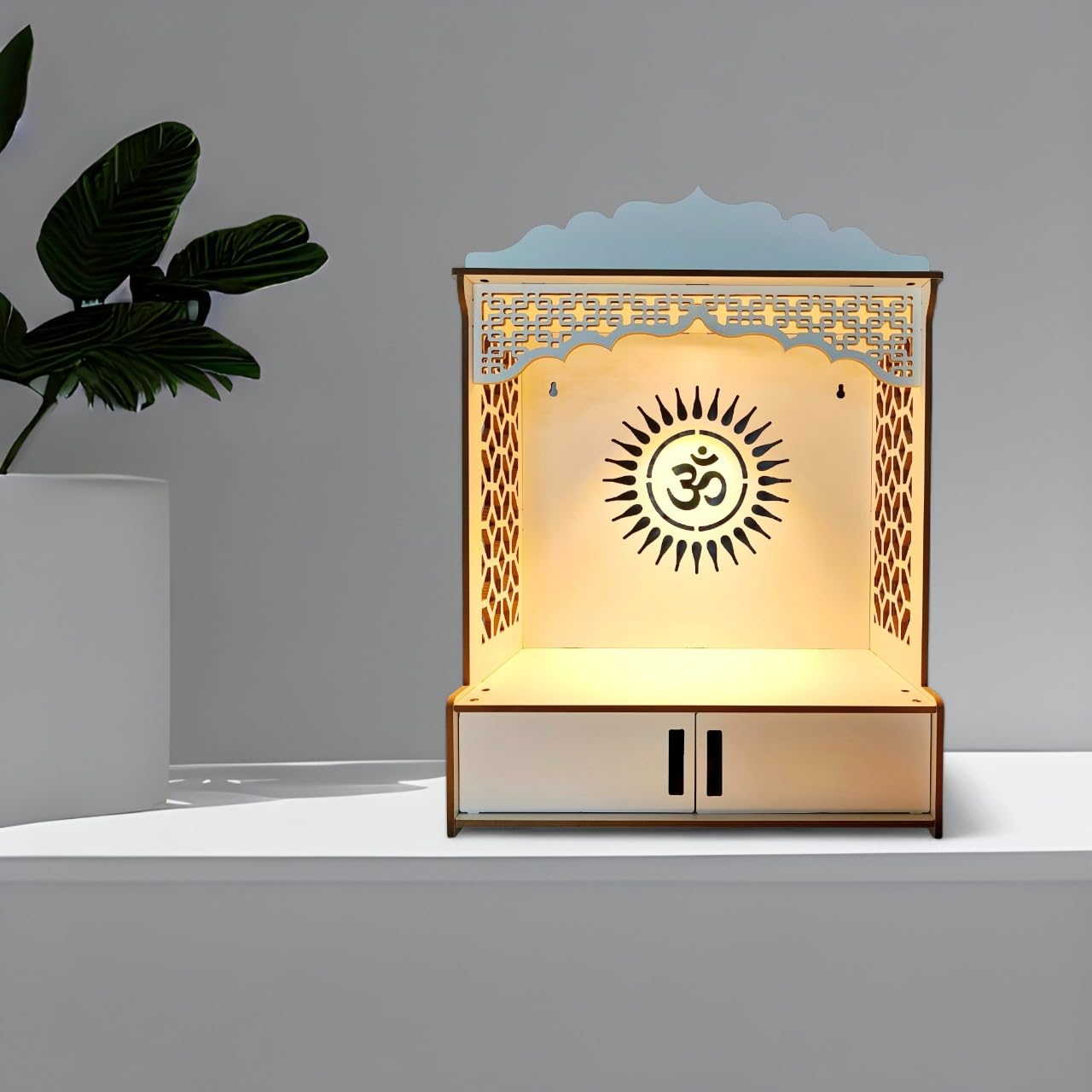 Devson Beautiful Wooden Temple | MDF Pooja MANDIR for Home and Office use with LED SPOT Light | Engineered Wood Pooja Stand with Storage Shelves | Size - H 21 x L 16 x W 9 inch | 15DDW
