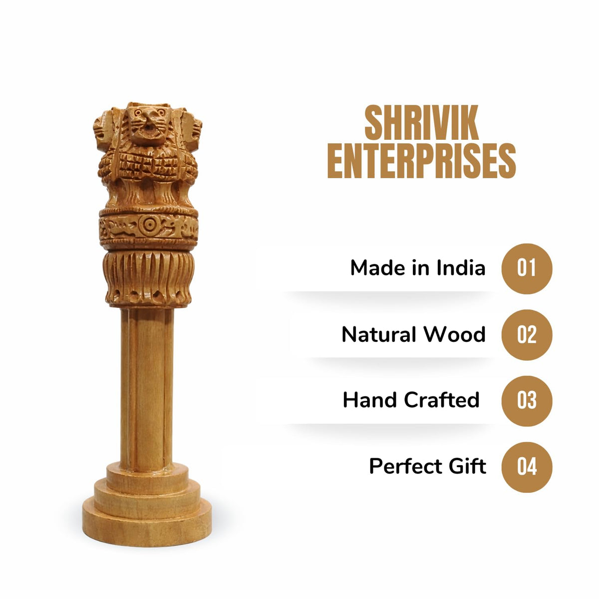 SHRIVIK ENTERPRISES Handcrafted Wooden Ashoka Pillar Showpiece | Ashoka Stambh National Emblem Statue for Home Office & Table Decor