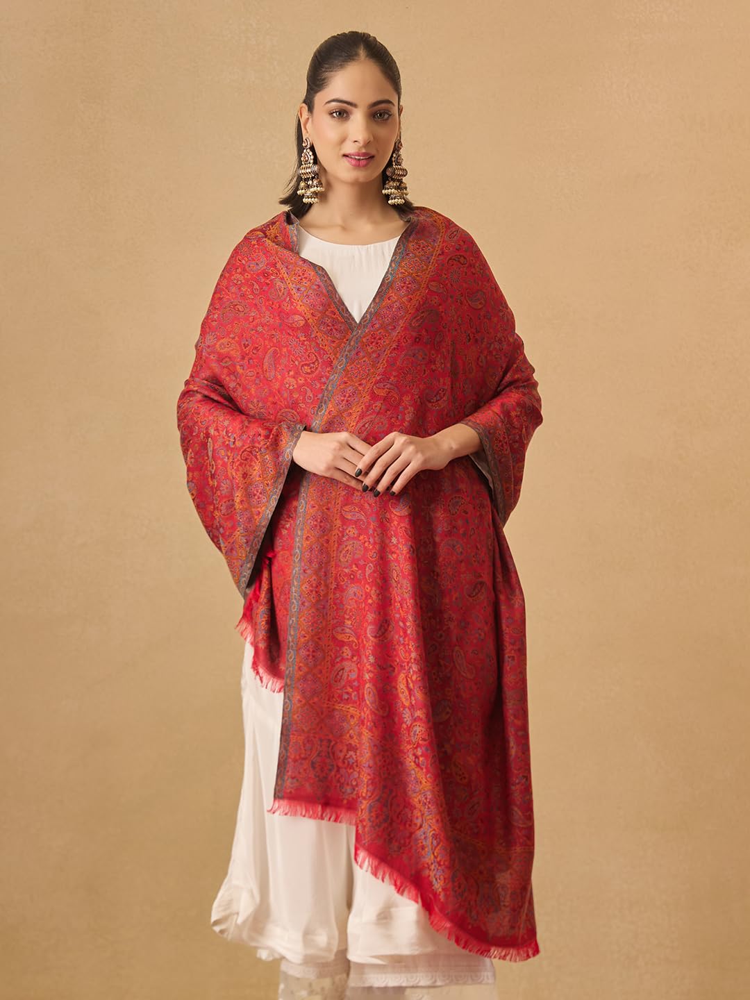 Pashmoda Women Chandni Kaani Stole, Authentic Kashmiri Luxury Pashmina Style Shawl, Stole, (Size 28x80 Inches, Maroon Color) MAVST07