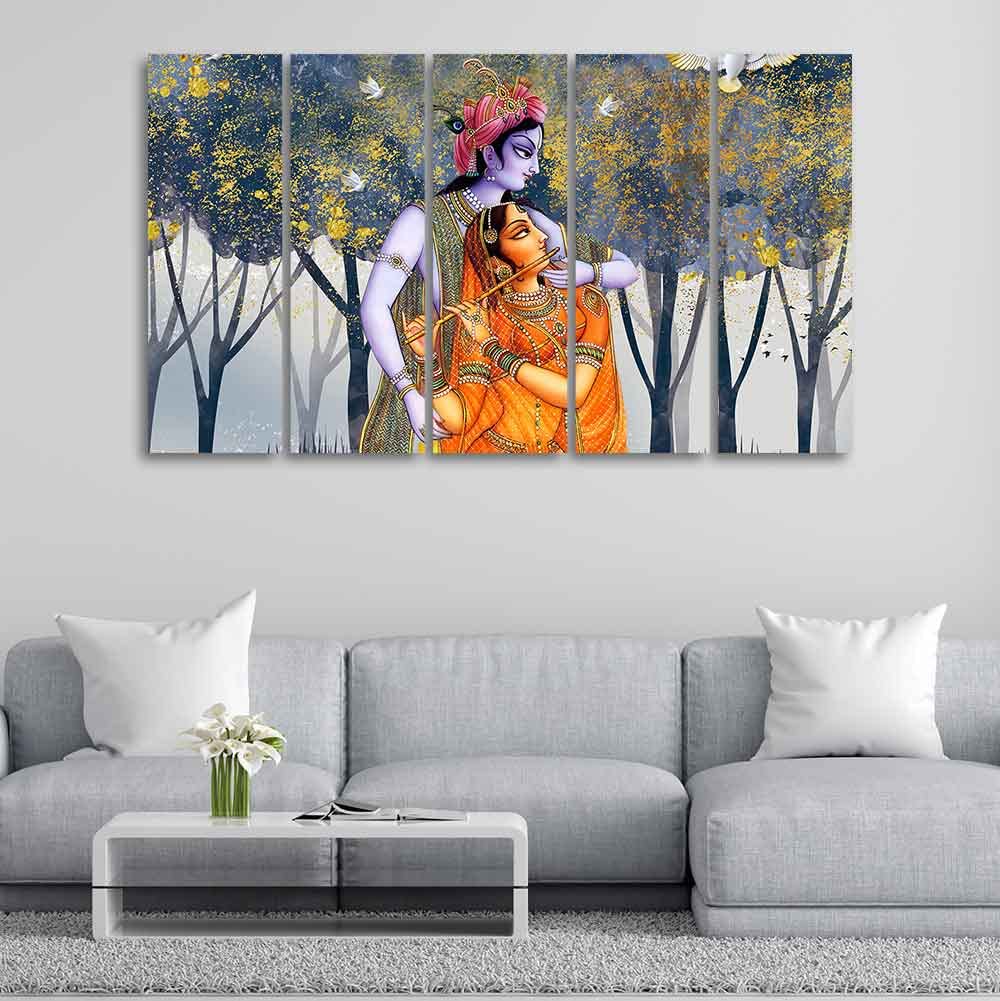 VIBECRAFTS Radhe Krishna Canvas Wall Painting Set of Five Pieces For Home|Office|Living Room|Gift (PTVC5Pcs4_8744)
