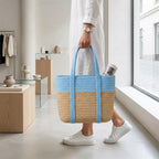 Loom & Luster Handwoven Jute Tote Bag Dual Tone Summer Shoulder Bag | Lightweight Eco-Friendly Handbag for girls and woman (Beige & Blue)