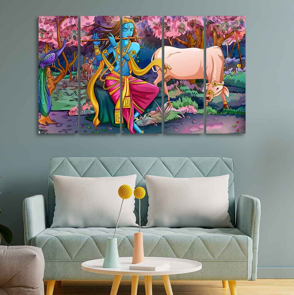VIBECRAFTS Krishna Playing Flute 5 Pieces Canvas Wall Painting For Home | Office | Living Room | Gift (PTVC5Pcs4_8555)