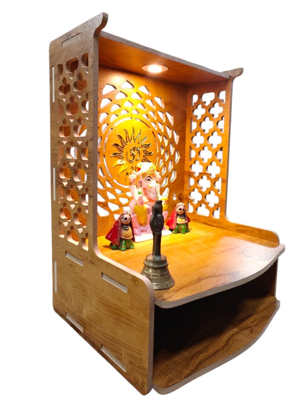 PIXELCRAFTS Wooden Temple Puja Mandir Art and Crafts Temple for Home, Shop, Office with LED SPOT Light (Size – H 15.5X L 11.5 x W 11 inch) (COACHWOODSURYA)