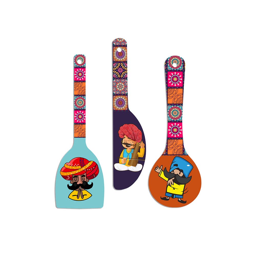 Artvibes Folk Musicians MDF Wooden Wall Art for Home Decor | Music Art for Decoration | Wall Poster | Rajasthani Culture Wall Art | Graphic Art | Unique Gift | Signs & Plaques(WH_5012N), Set of 3
