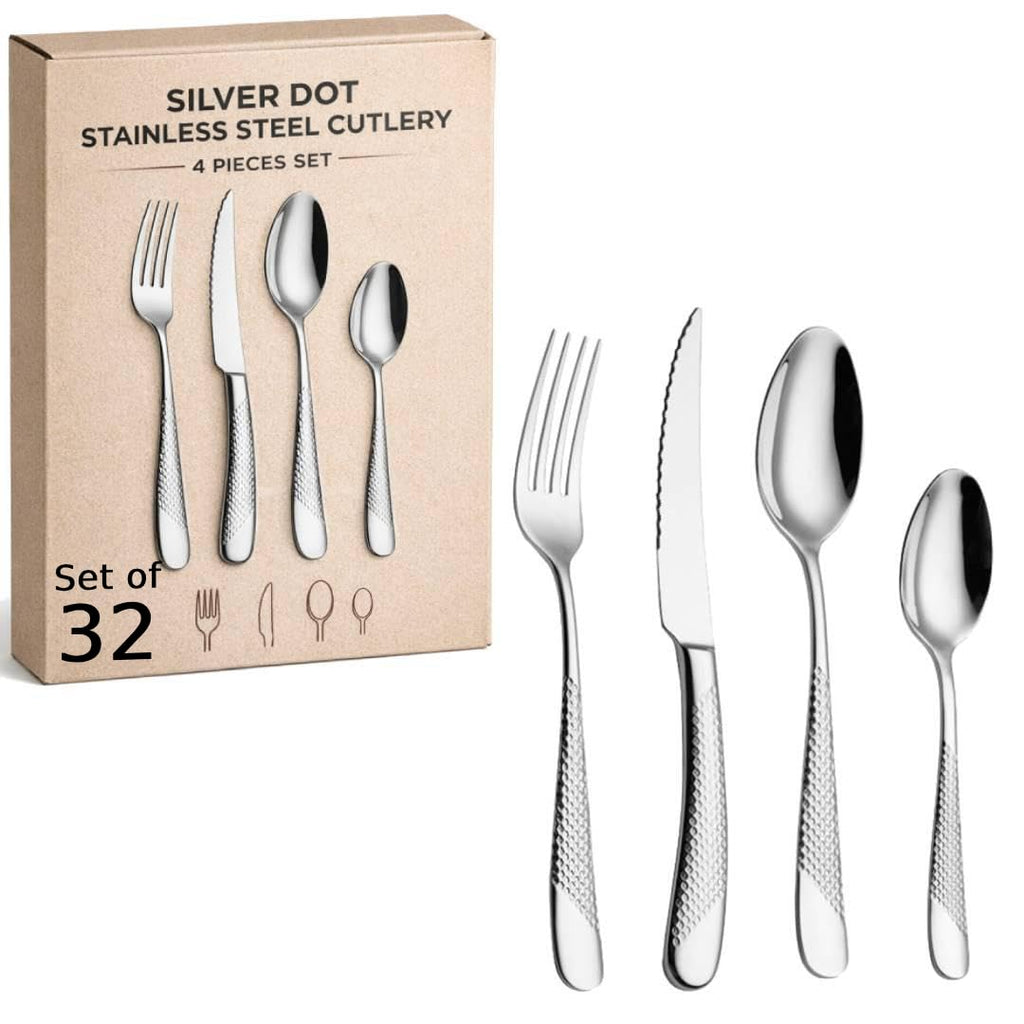 ANH MART Mirror Finish Silver Plated Stainless Steel Flatware Set Copper Silverware Set Rose Gold Spoon Color Cutlery Set [Dinner Fork-Tea Spoon-Salad Spoon-Knife] Set of (Silver DOT, 32)
