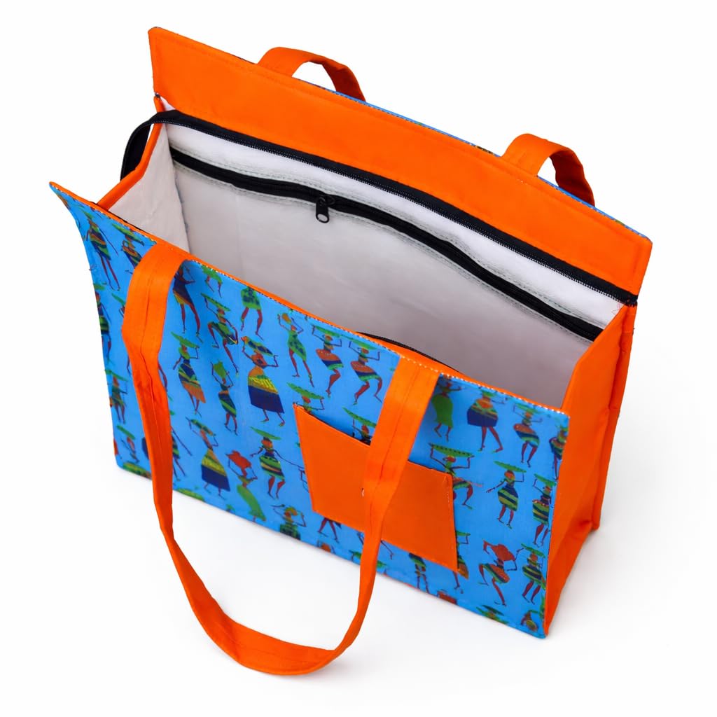 Vaishnavi Solapur Creations Warli Printed Cotton Tote Bag for Women | Ethnic Handmade Shoulder Handbag | Reusable Eco-Friendly Shopping & Daily Use Bag (Ananda Blue)