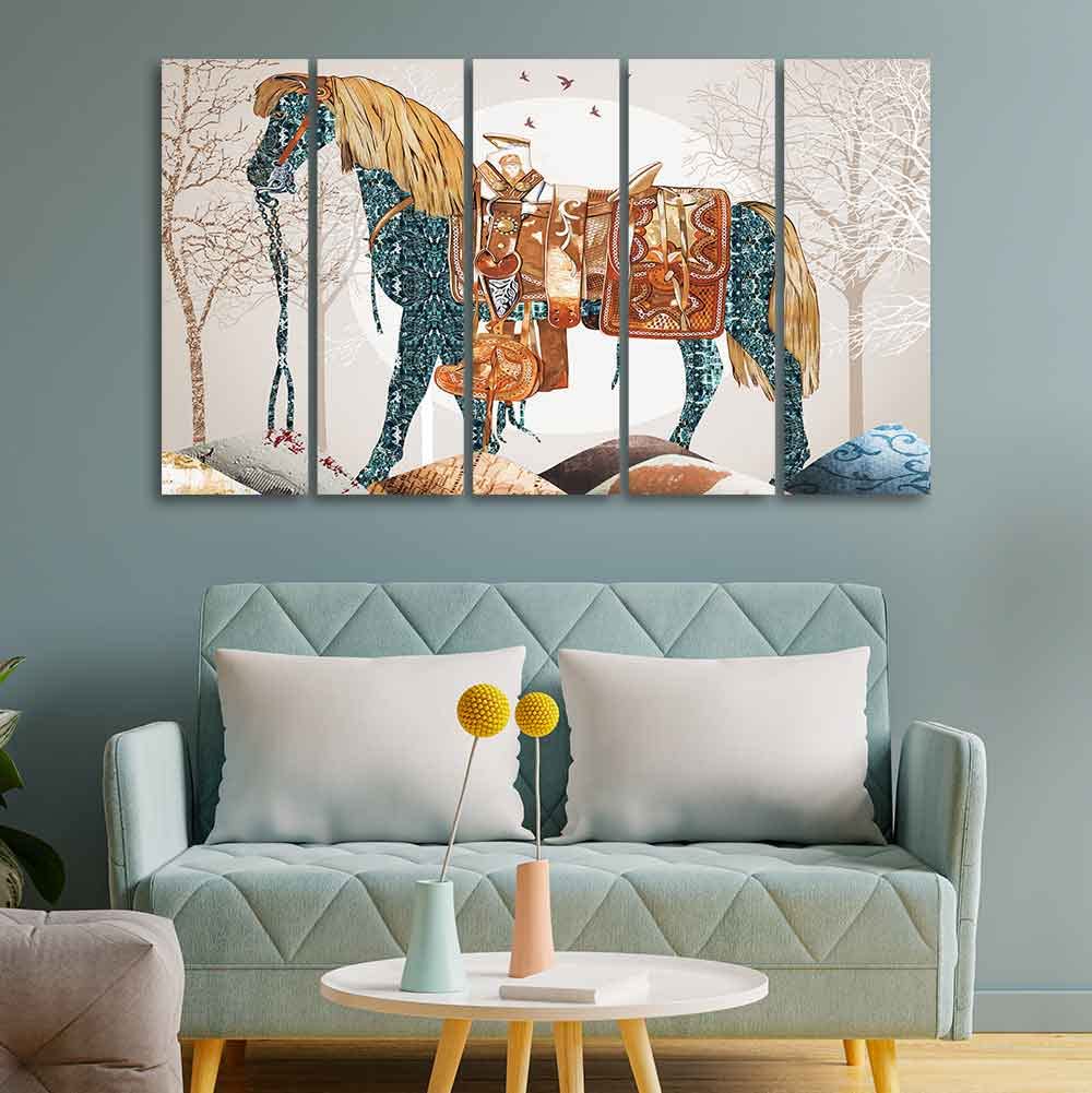 VIBECRAFTS Wall Painting of Patterned Horse of Five Pieces For Home|Office|Living Room|Gift (PTVC5Pcs4_8745)