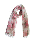 Women's Floral Print MalMal Cotton Scarf with Pom Pom Lace, Pink Rose Pattern, Lightweight Fashion Wrap Shawl