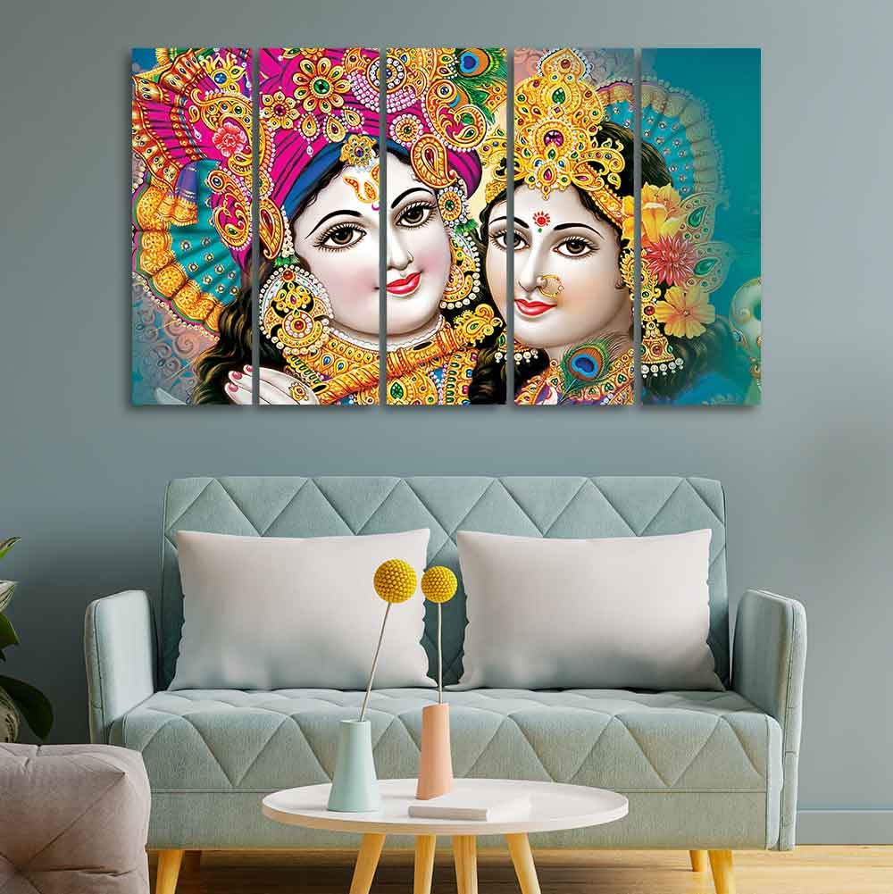 VIBECRAFTS Beautiful Radha Krishan Canvas Wall Painting Five Pieces For Home|Office|Living Room|Gift (PTVC5Pcs4_8582)