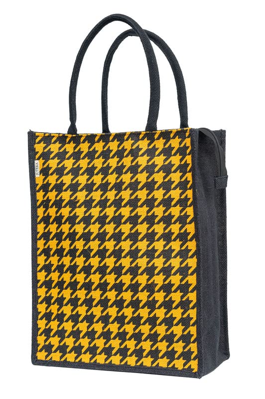 JUTEKA Tangy Houndstooth Printed Jute Lunch Bag - Grocery, Tote, Hand, Picnic Bag for Men, Women, Girls, Kids With Zip