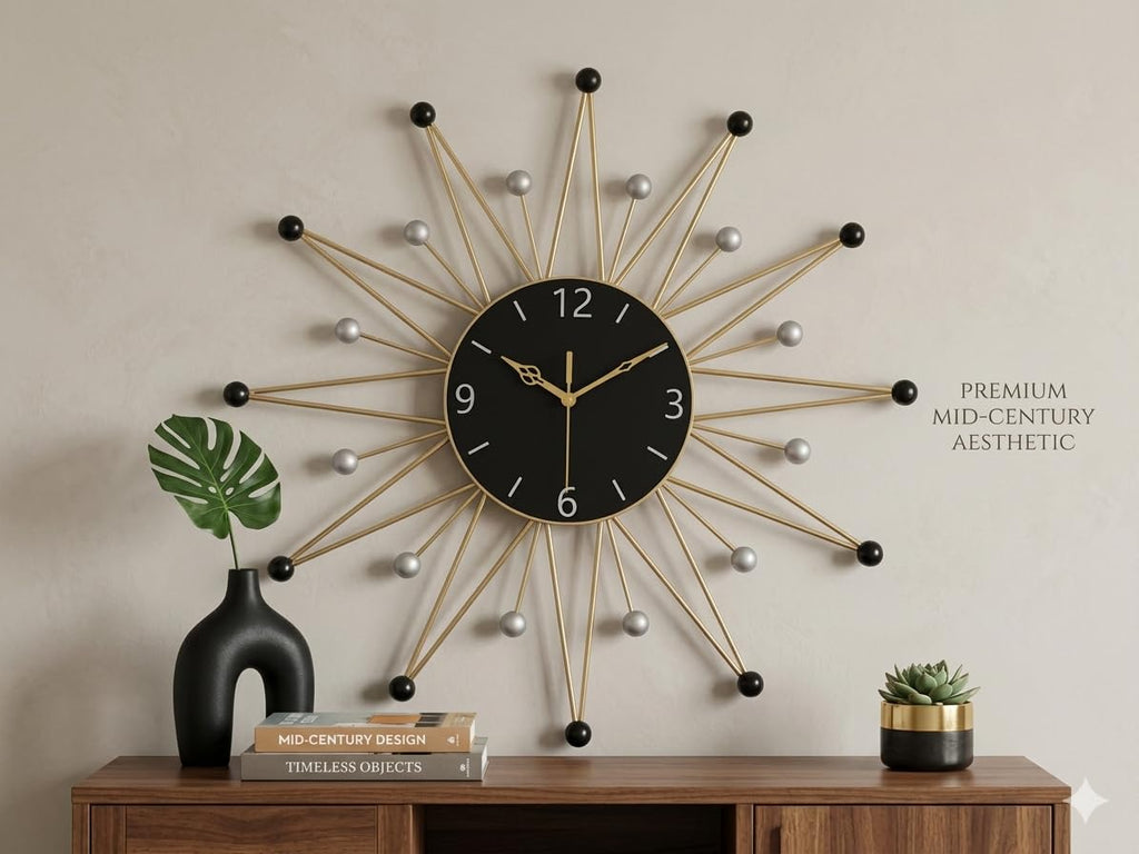 Mahira Artefacts Starburst Wall Clock, Metal, Silent, Art Deco Style, Sunburst Shape, Black & Gold, Large, Battery Powered