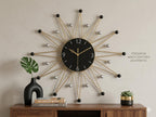 Mahira Artefacts Starburst Wall Clock, Metal, Silent, Art Deco Style, Sunburst Shape, Black & Gold, Large, Battery Powered