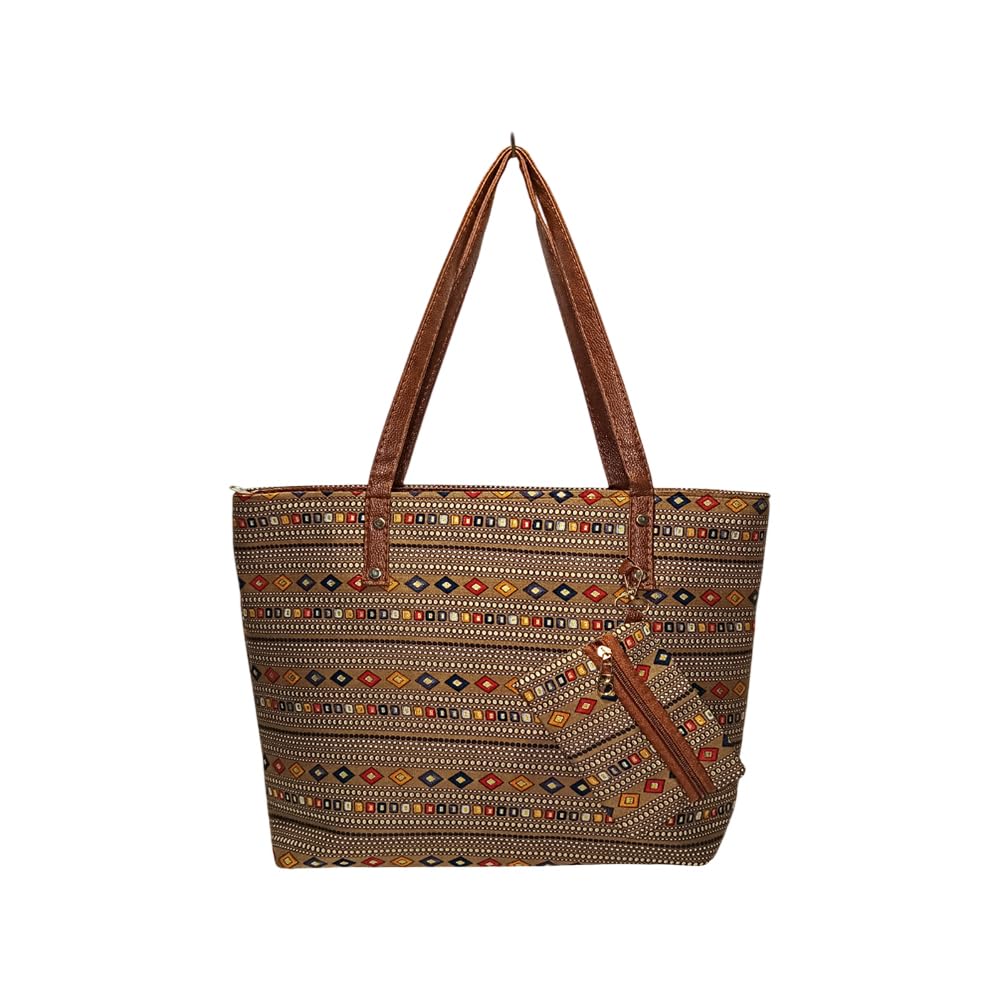 STYLE BA Women's Tote Bag With Leather Handles & Embroidery Printed Handbag With Zip Pockets, Shoulder Tote Bag And Handbag (Brown)