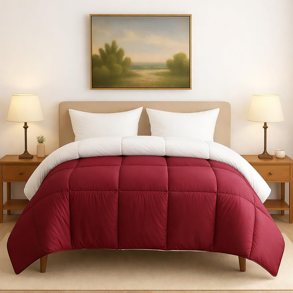 linenaffairs Reversible AC Comforter Double Bed 300 GSM,Soft Microfibre Quilt Blanket for Winter (90X100 inches, Burgundy & White) Kafalo