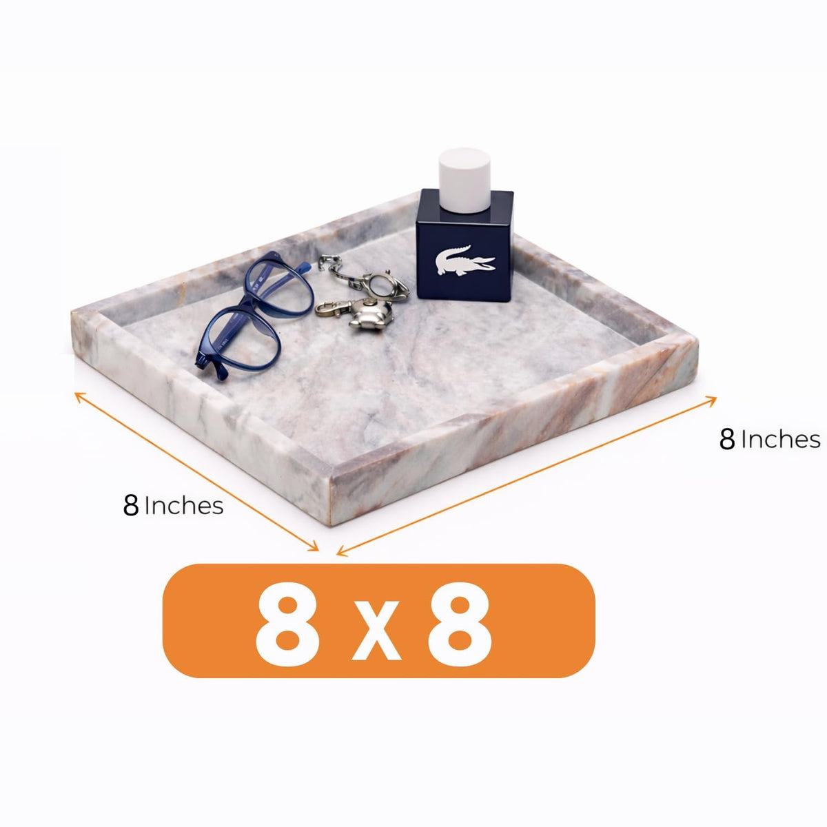 Decorage Rectangular Marble Tray 8x8 Inches | Raised Edges | Multipurpose Decorative Organizer | Elegant Marble Vanity Platter for Kitchen, Dining Table, Bathroom & Home Decor - Beige