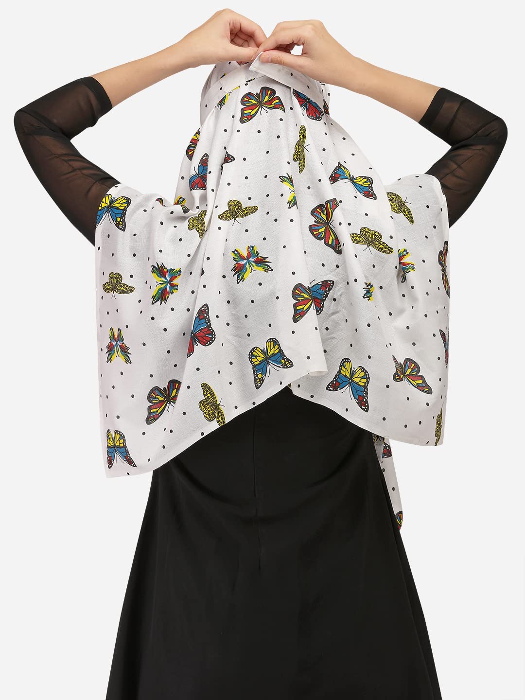 7 season's Women's Cotton Short Scarf Cum Mask Scarves for Female Usable For Vehicle Driver Multi Colour Printed Design (White- S Butterfly)