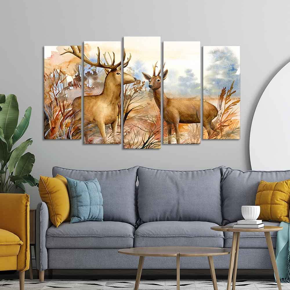 VIBECRAFTS Canvas Wall Painting Pair of Deer in the Forest Set of Five Pieces For Home|Office|Living Room|Gift (PTVC5Pcs2_6542)