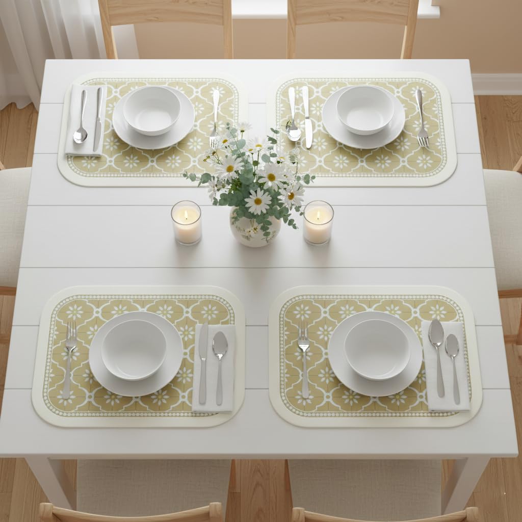TheTableTales Placemats Pack of 4, Premium Waterproof Heat Resistant Dining Table Mats | Washable PU Leather Mats for Dinner | Non Slip Pad for Home Kitchen Restaurant (Mustard) Kafalo