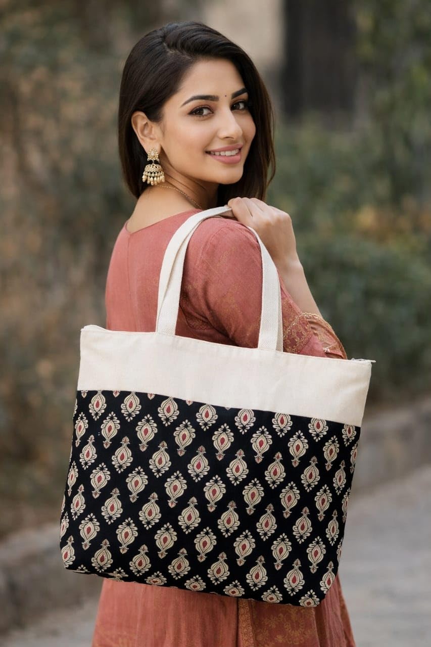 Artizanvilla Ajrakh Print Canvas Tote Bag for Women | Eco-Friendly Reusable Shoulder Bag | Ethnic Printed Cotton Canvas Shopping Tote | Large Capacity Handbag for Office, College & Travel