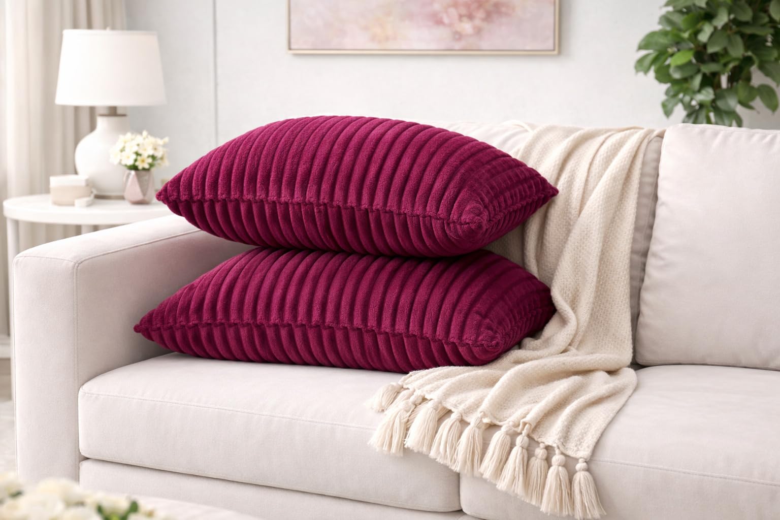 AWARD VELVETS Premium Faux Rabbit Fur Plush Luxury Soft Fluffy Striped Decorative Throw Pillow/Cushion Covers for Sofa, Couch, Living Room - (Dark Pink, 24 x 24 inch) Set of 1