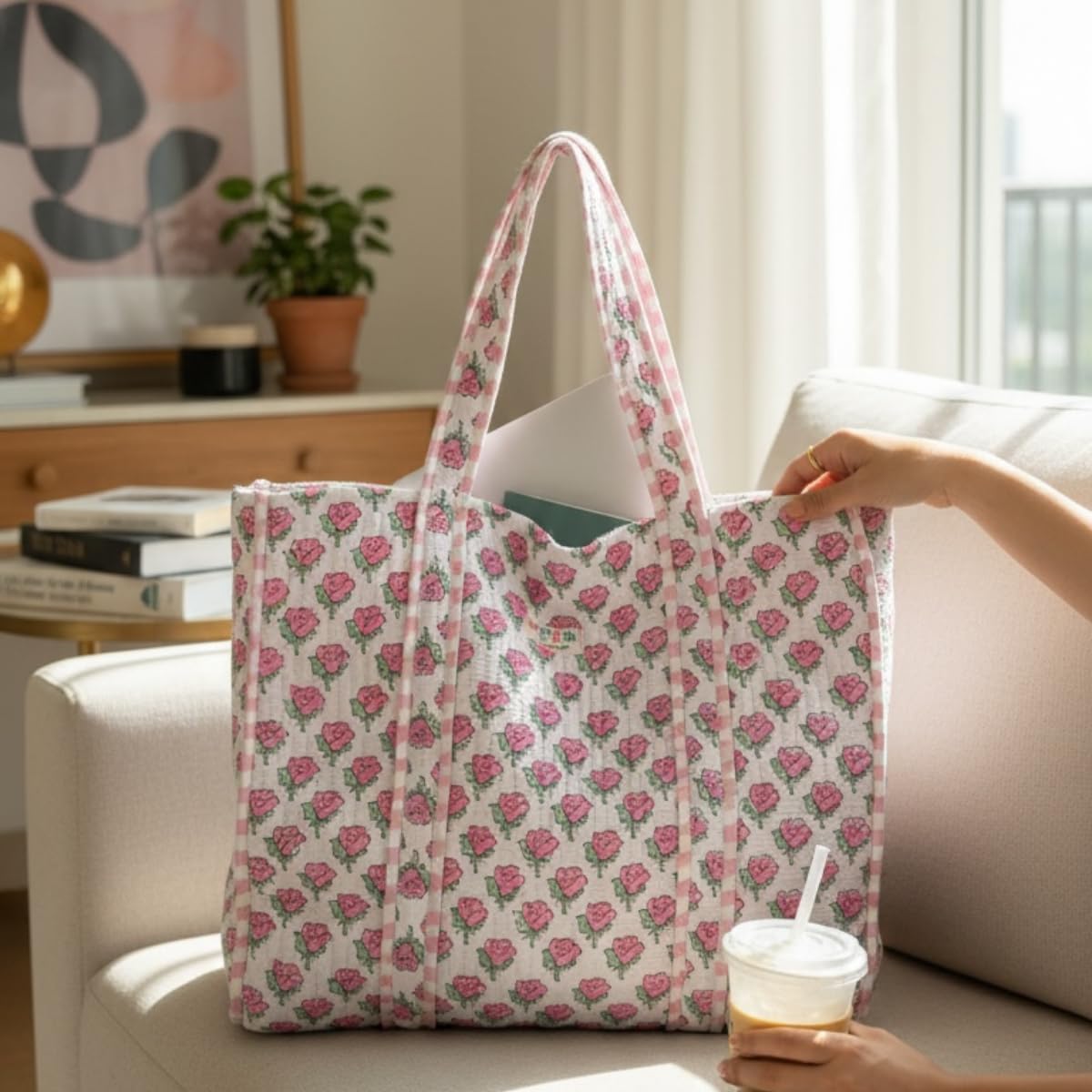 PShomes Large Cotton Tote Bag 18x18 Inches – 100% Cotton Shoulder Bag with Inner Pocket | Reusable Eco-Friendly Carry Bag for Laptop, Shopping, Travel & Daily Use (White-ROSES)