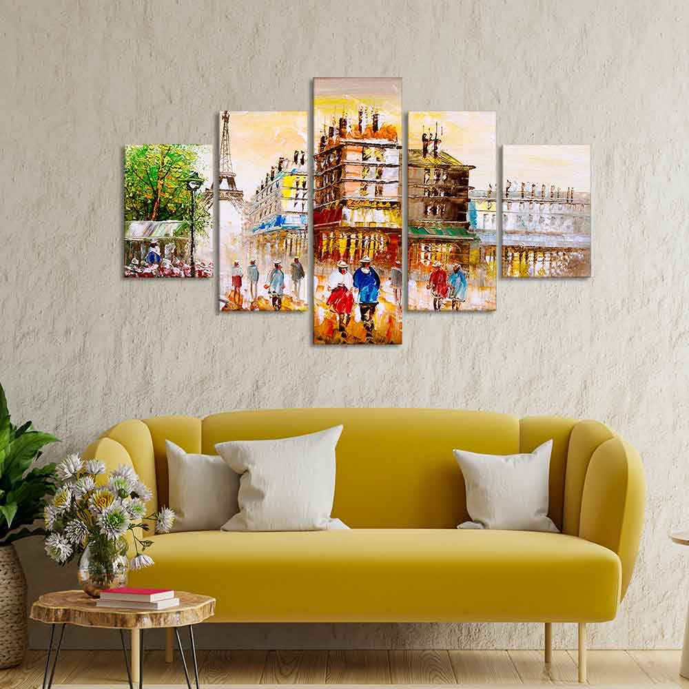 VIBECRAFTS Street View of Paris Canvas Wall Painting Set of Five Pieces For Home|Office|Living Room|Gift (PTVC5Pcs1_5526)