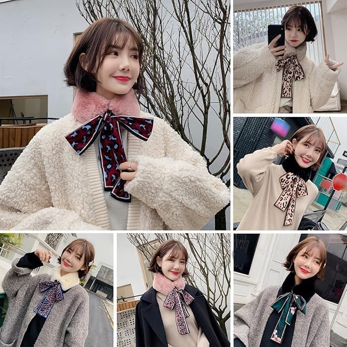 THE DDS STORE Winter Women Faux Fur Collar Leopard Print Scarves Plush Wrap Korea Bow Tie Neck Warmer Formal Party Shawl (Coffee)