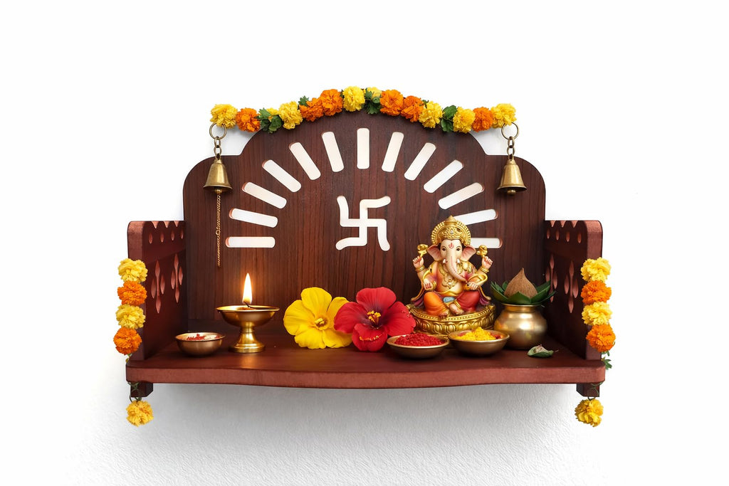 BerryBox Wooden Pooja Mandir for Home & Office - Mini Pooja Stand for Wall Hanging | Small Wood Temple for Desk & Shelf | Compact Devghar for Home Wall Mounted & Tabletop (8.5 x 6 x 5.5 Inch, Brown)