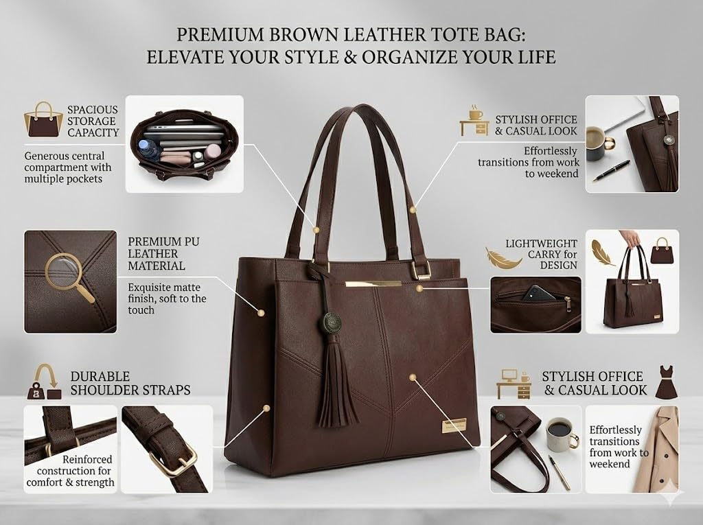 PAVILONN Women Tote Bag Ladies Handbag Shoulder Office Shopping Work Laptop PU Leather Brown Travel College Daily Use Designer Large Stylish Fashion Zipper Commuter Gift (BROWN 2)