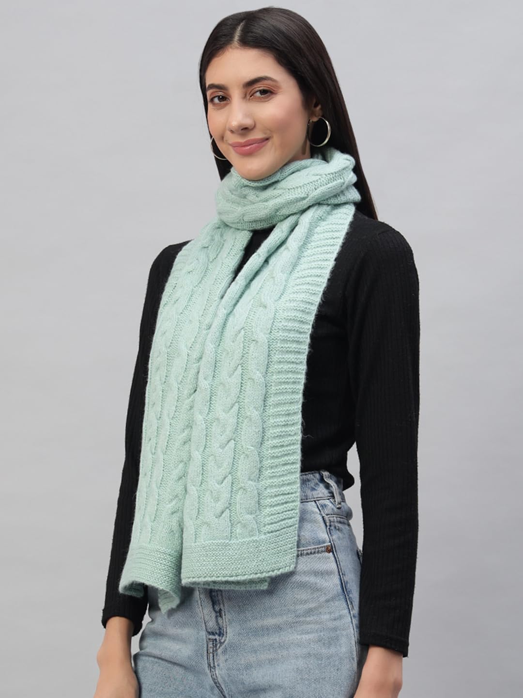 Ravaiyaa - Attitude is everything Reversible Wool Scarves Knitted Pattern Women Neck Wraps Muffler Winter Wool Scarf 65 x14 Inch (Green)