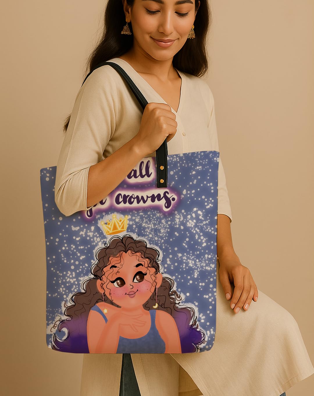Kalankit Classic Tote Bag For Women | Canvas Printed Totes For Women | Aesthetic Shoulder College Bag For Girls | Vegan Leather Lightweight Everyday Handbag | Gift for Woman | We all got Crowns