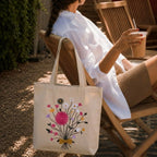 MASQ Premium ToteBag for Women with Zipper | Embroidered Foldable Shoulder Bag with Multiple Pockets | Spacious Handbag for College & Office | Eco-Friendly & Reusable (Tote_Bag_Bouquet)