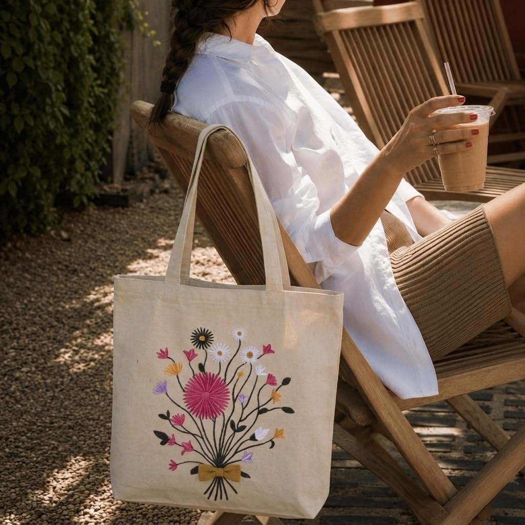 MASQ Premium ToteBag for Women with Zipper | Embroidered Foldable Shoulder Bag with Multiple Pockets | Spacious Handbag for College & Office | Eco-Friendly & Reusable (Tote_Bag_Bouquet)