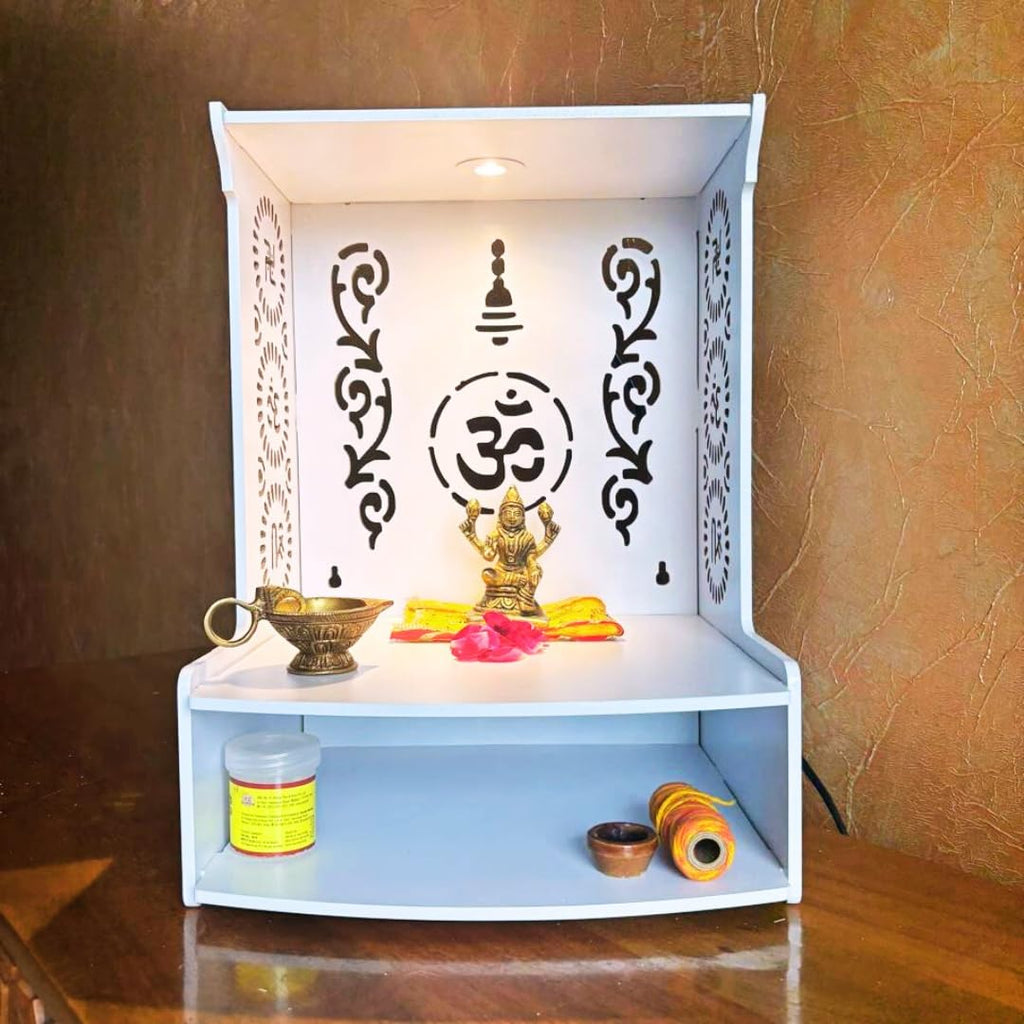 HomScape Om Wooden Wall Mounted Temple for Home, Office, Living Room | White Pooja Mandir with LED Light & Storage Shelf | Small Wooden Temple 15.8 Height | Home Temple Decor with Storage Cabinet