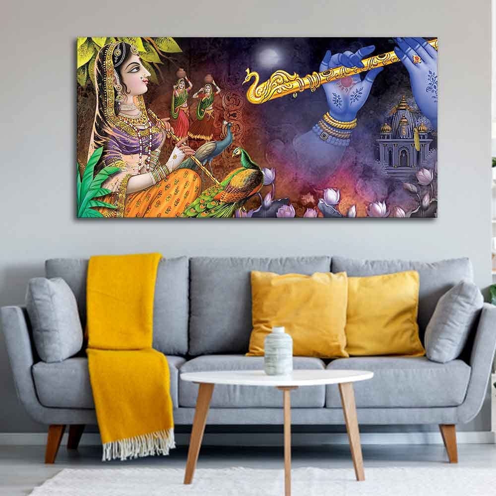 VIBECRAFTS Canvas Paintings for Living Room Drawing Room Canvas Wall Painting of Radha Thinking About Shri Krishna for Home|Office|Gift(PTVCH_2396)(48 x 24 Inches)