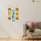 Artvibes African Warli Art Wooden Decoration Item for Living Room | Modern Decoration Items | Handcrafted | Living Room | Cafe | Aesthetic Wooden Decor | Ideal Gifts (WH_8108N), Set of 3