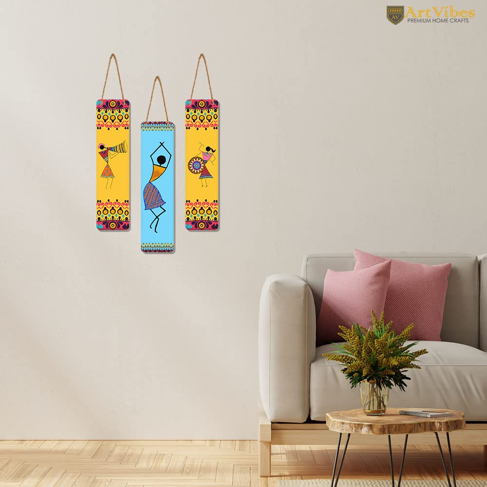 Artvibes African Warli Art Wooden Decoration Item for Living Room | Modern Decoration Items | Handcrafted | Living Room | Cafe | Aesthetic Wooden Decor | Ideal Gifts (WH_8108N), Set of 3