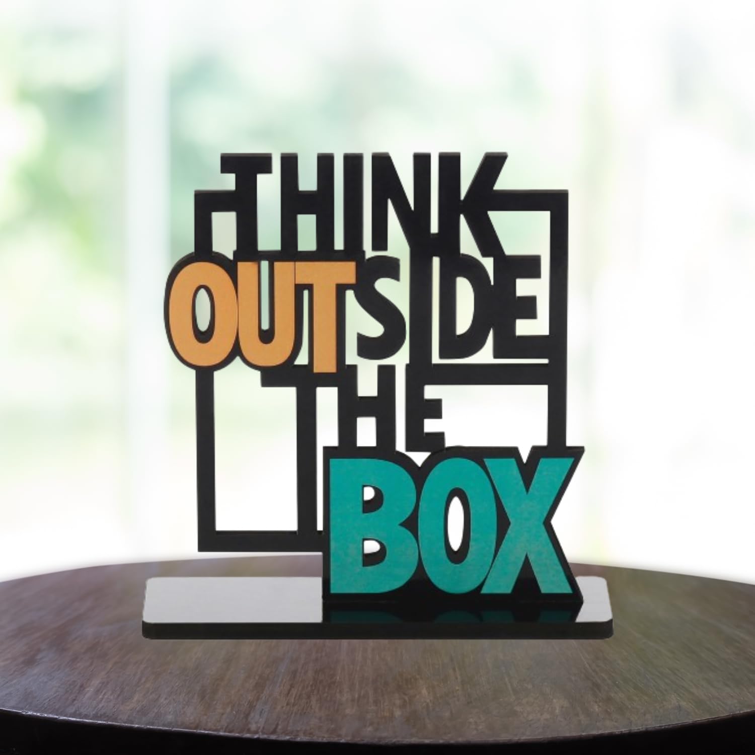 Webelkart Wooden Think Outside The Box Quote Decorative Showpiece Motivational Quotes Table Decoration for Office Desk | Home Decor Item | Living Room | Modern Art Wood Showpiece Gift Items