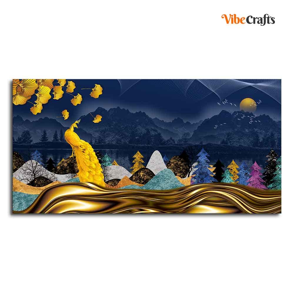 VIBECRAFTS Canvas Paintings for Living Room Drawing Room Golden Peacock In Dark Forest Canvas Wall Painting Fitted With Wooden Frame For Home | Office | Living Room | Gifts (PTVCH_2525)