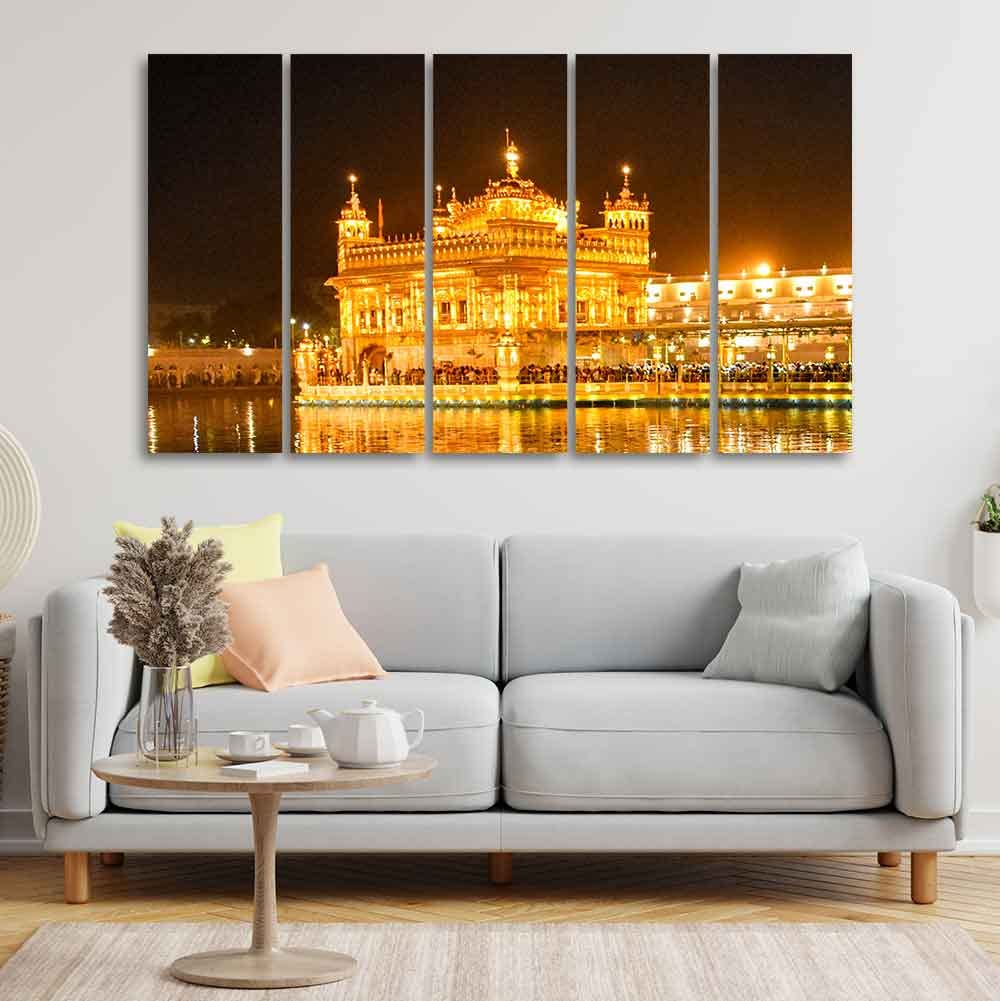 VIBECRAFTS Beautiful Golden Temple Canvas Wall Painting of Five Pieces For Home|Office|Living Room|Gift (PTVC5Pcs4_8659)
