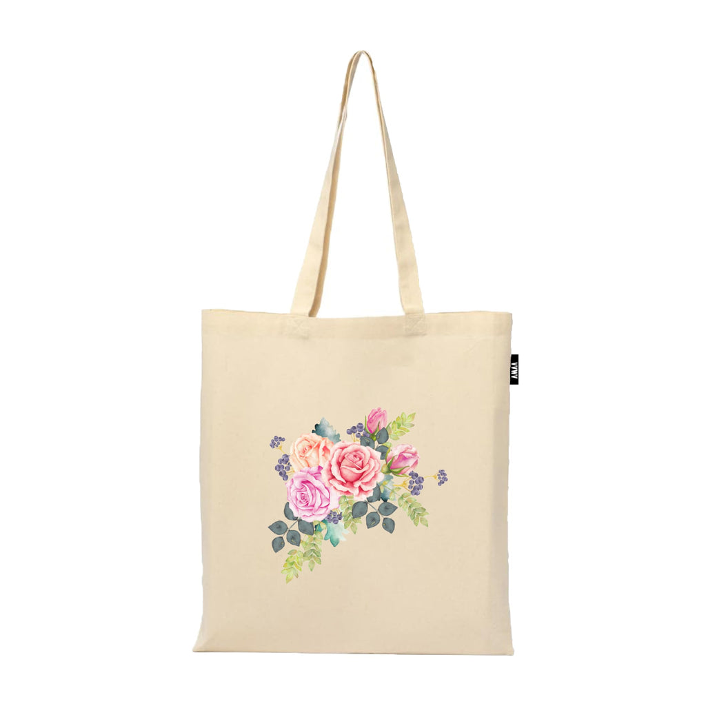 VVWV Beautiful Pink Rose Printed Reusable Tote Bags | 100% Organic Cotton Shopping/Grocery Bag | Multi-Purpose Bag | Sturdy Canvas Bag with 15kgs Capacity (13 x 15.7 Inch)