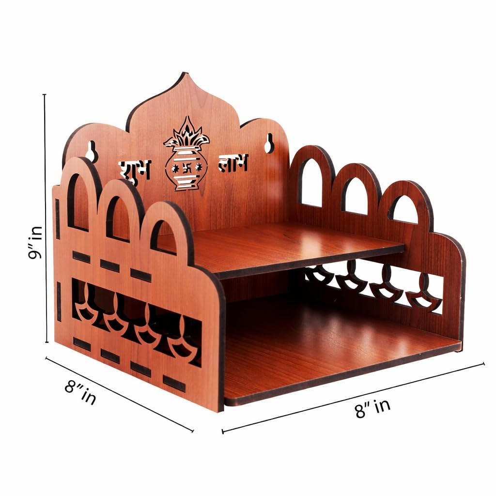 KALMANJUH Decorative Wooden Wall Hanging Mandir | Compact Home Temple with Shelves | Puja Stand for Idols, Diyas & Home Decor Size-20.3D x 20.3W x 22.9H Centimeters