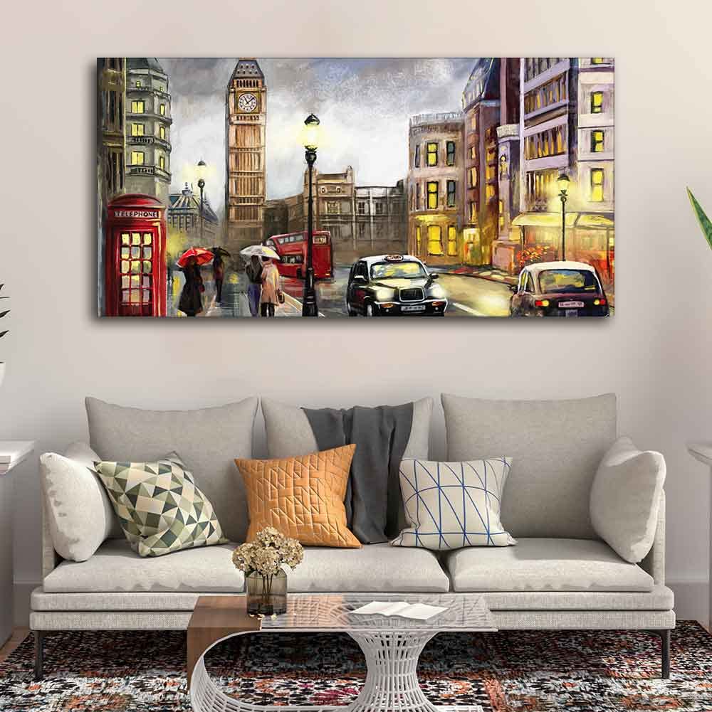 VIBECRAFTS Canvas Paintings for Living Room Drawing Room Street view of London Premium Wall Painting Fitted with Wooden Frame for Home|Office|Gift(PTVCH_2264)(48 x 24 Inches)