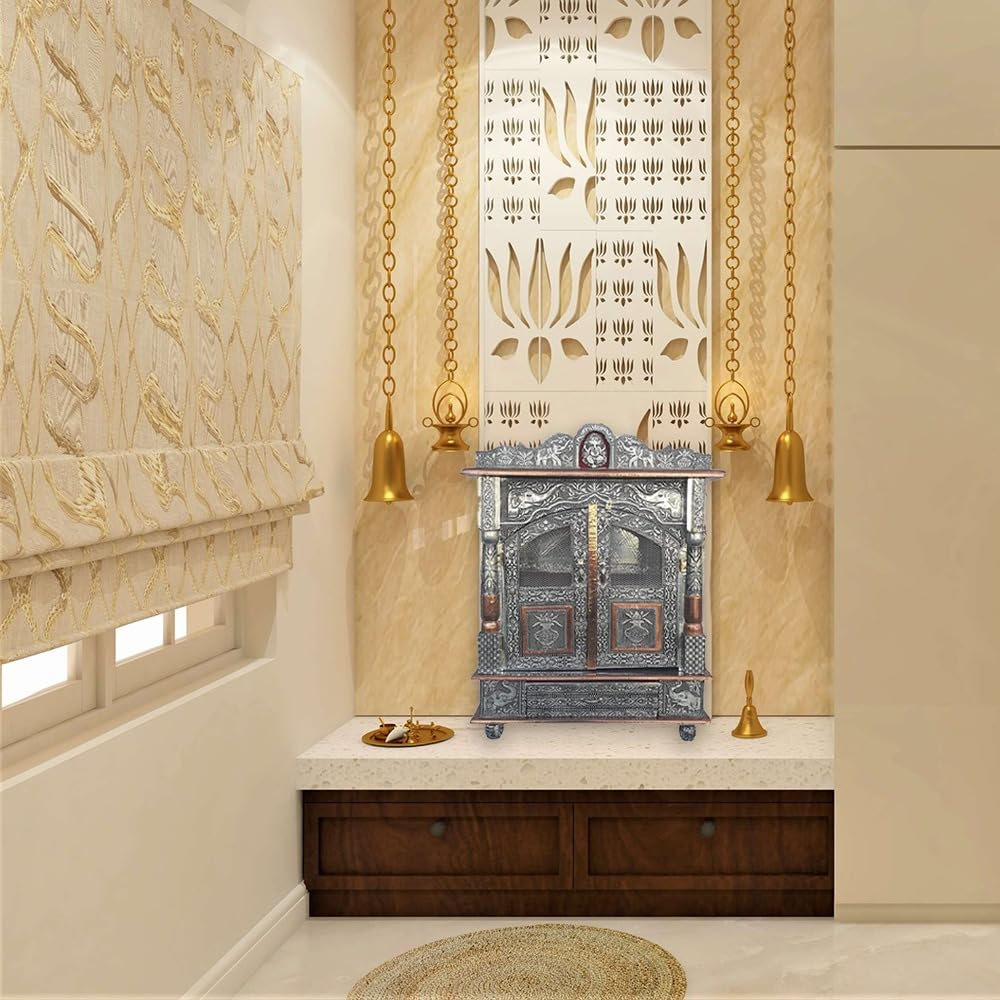 Handicrafts Pooja Temple For HOM.E Big Size, Pooja Mandir/Pooja Ghar/Mandap For HOM.E And Office| Mandir For HOM.E Wall Mounted Big Size 9X18 Inches, Silver