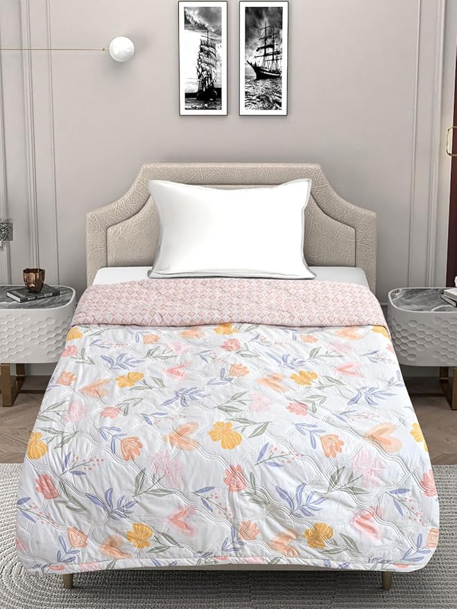 Summer Blanket 100% Cotton Reversible Ac Comforter and Cooling | Classic Printed Design | Quilt | Dohar Single/Double Bed Quilt Ideal for Gifting (Pink Floral Design, Single BE) Kafalo